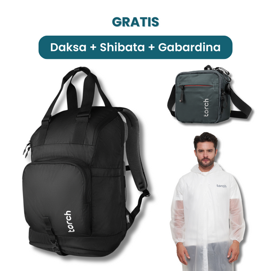 Dalam paket ini kamu akan mendapatkan:  - Daksa Backpack  - Shibata Travel Pouch  - Gabardina Raincoat