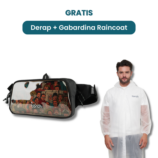 Dalam paket ini kamu akan mendapatkan:  - Derap Waist Bag  - Gabardina Raincoat