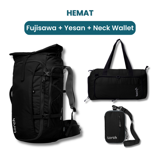 Dalam paket ini akan mendapatkan :  - Fujisawa Travel Backpack  - Yesan Duffel Bag  - Neck Wallet Ama
