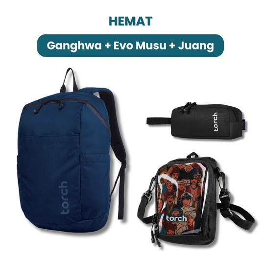 Dalam paket ini kamu akan mendapatkan:  - Ganghwa Backpack  - Evo Musu Stationary  - Juang Travel Pouch
