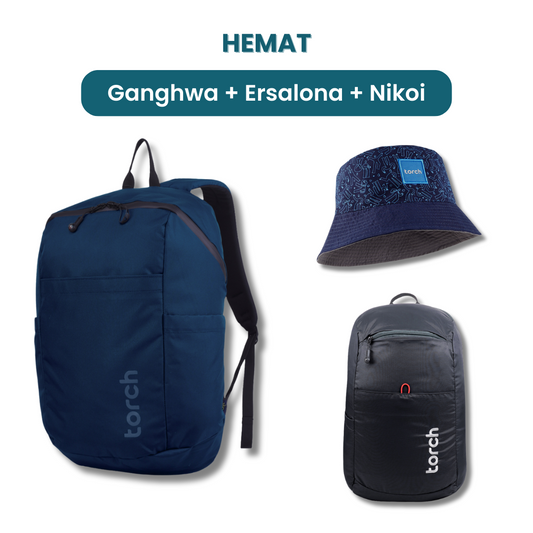 Dalam paket ini tedapat:  - Ganghwa Daypack 19L  - Ersalona Foldable Bag  - Nikoi Bucket Hat