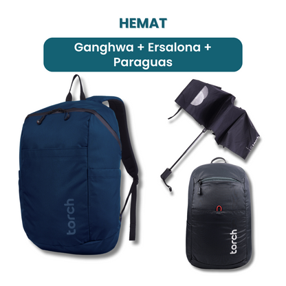 Dalam paket ini tedapat:  - Ganghwa Daypack 19L  - Ersalona Foldable Bag  - Paraguas Foldable Umbrella