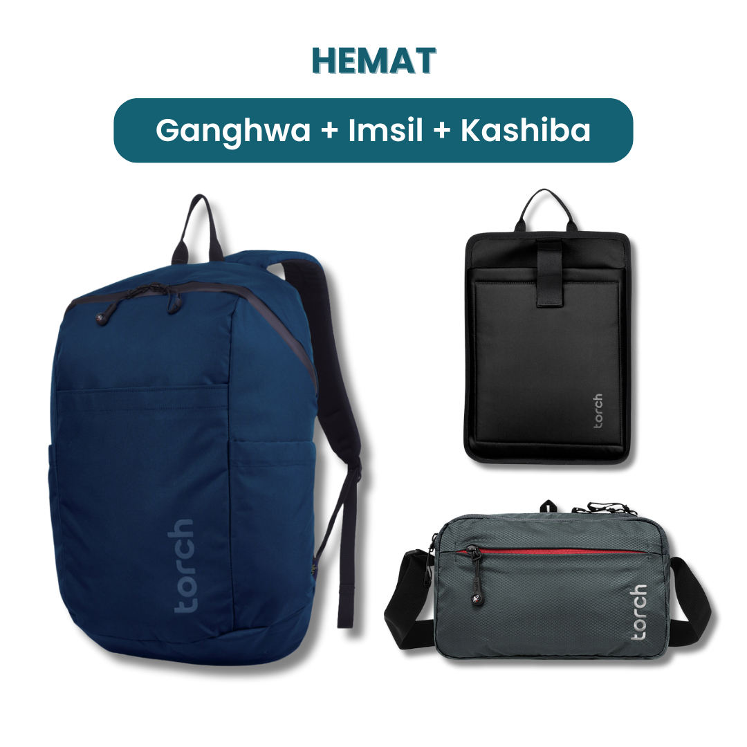 Dalam paket ini tedapat:  - Ganghwa Daypack 19L  - Imsil Laptop Sleeve  - Kashiba Travel Pouch