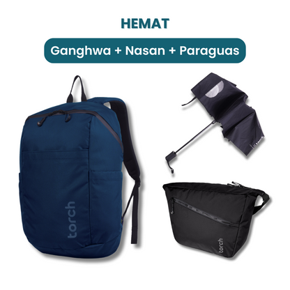 Dalam paket ini tedapat:  - Ganghwa Daypack 19L  - Nasan Messenger Bag  - Paraguas Foldable Umbrella