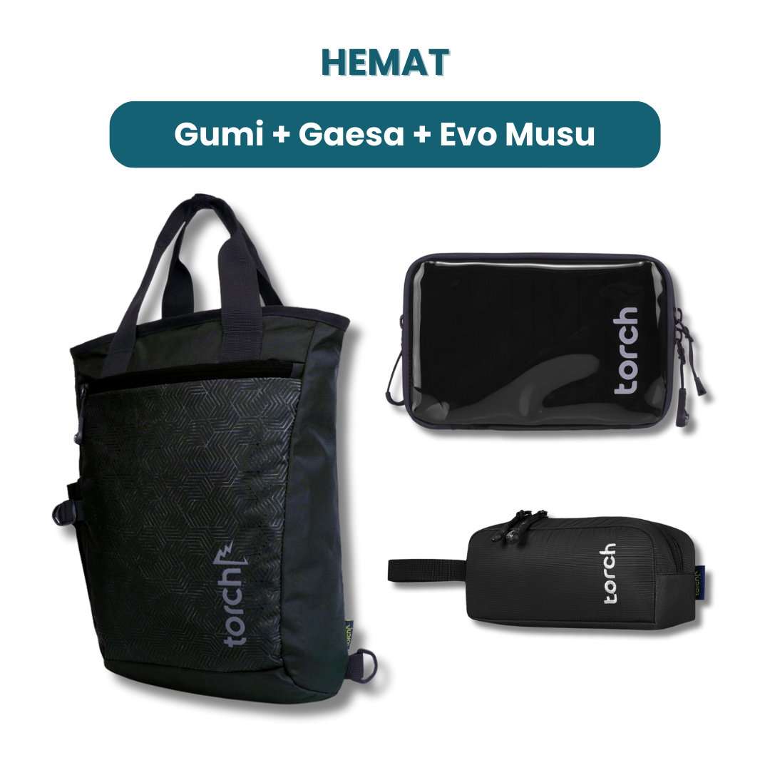 Dalam paket ini tedapat:  - Gumi Tote Backpack   - Gaesa Hanging Wallet  - Evo Musu Stationary   