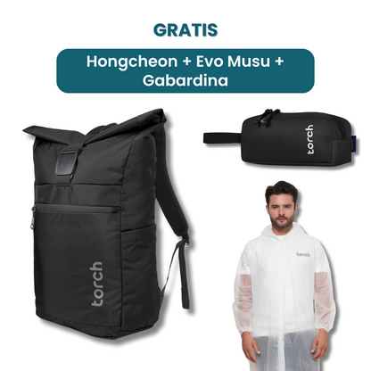 Dalam paket ini kamu akan mendapatkan:  - Hongcheon Backpack  - Evo Musu Stationary  - Gabardina Raincoat