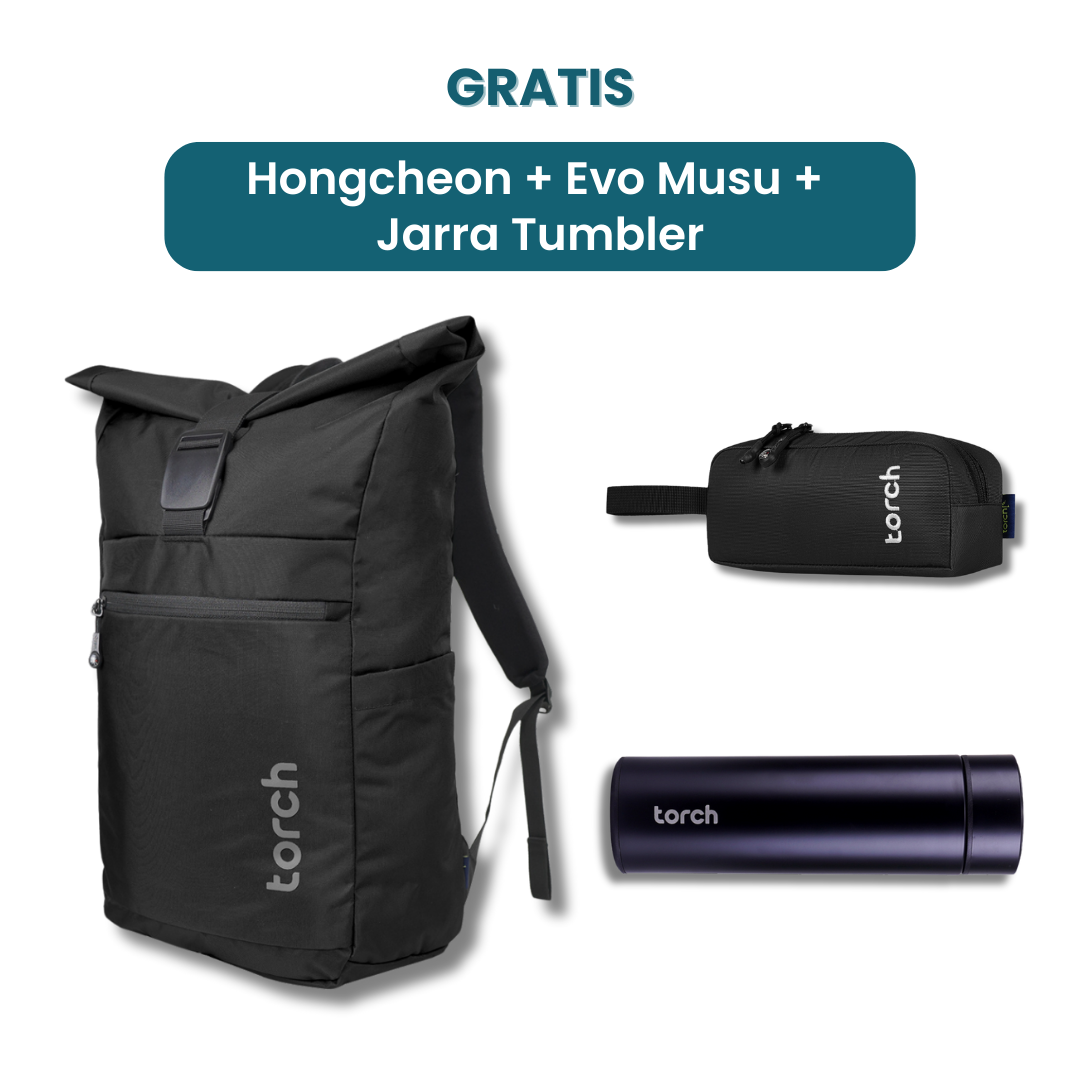 Dalam paket ini kamu akan mendapatkan:  -  Hongcheon Backpack   -  Evo Musu Stationary   -  Jarra Tumbler