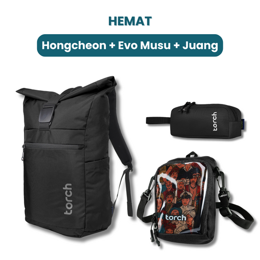 Dalam paket ini kamu akan mendapatkan:  - Hongcheon Backpack  - Evo Musu Stationary  - Juang Travel Pouch