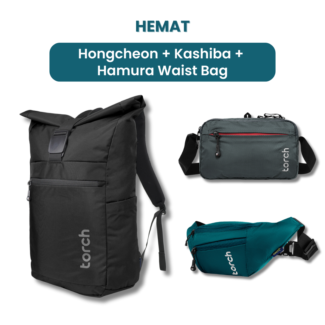 Dalam paket ini kamu akan mendapatkan:  -  Hongcheon Backpack   -  Kashiba Travel Pouch  -  Hamura Waist Bag