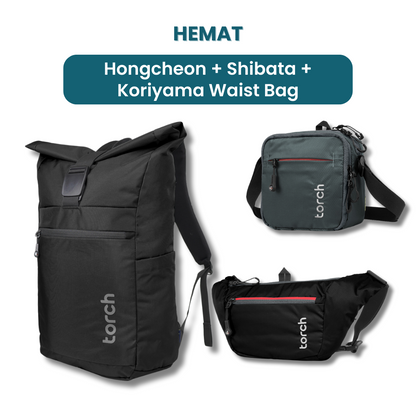 Dalam paket ini kamu akan mendapatkan:  -  Hongcheon Backpack   -  Shibata Travel Pouch  -  Koriyama Waist Bag