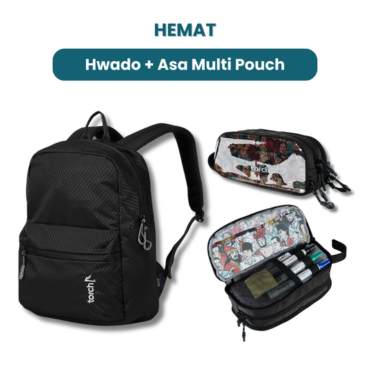 Dalam paket ini kamu akan mendapatkan:  - Hwado Backpack  - Asa Multi Pouch