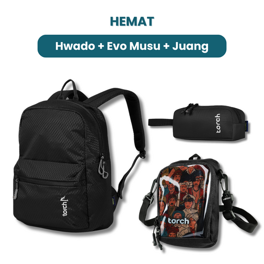Dalam paket ini kamu akan mendapatkan:  - Hwado Backpack  - Evo Musu Stationary  - Juang Travel Pouch