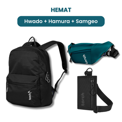 Dalam paket ini kamu akan mendapatkan:  - Hwado Backpack  - Hamura Waist Bag  - Samgeo Card Holder Oder