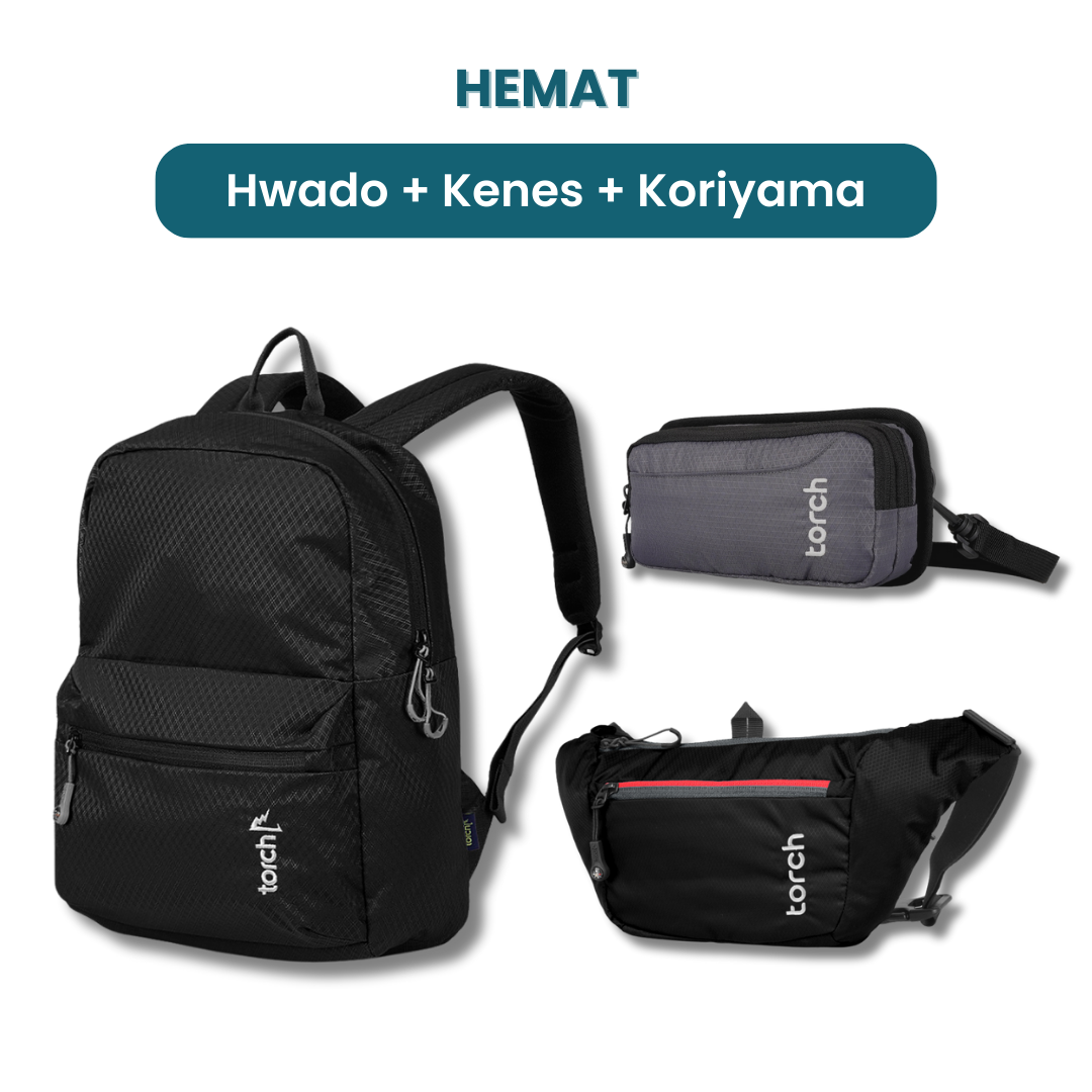 Dalam paket ini kamu akan mendapatkan:  - Hwado Backpack  - Kenes Travel Pouch  - Koriyama Waist Bag   
