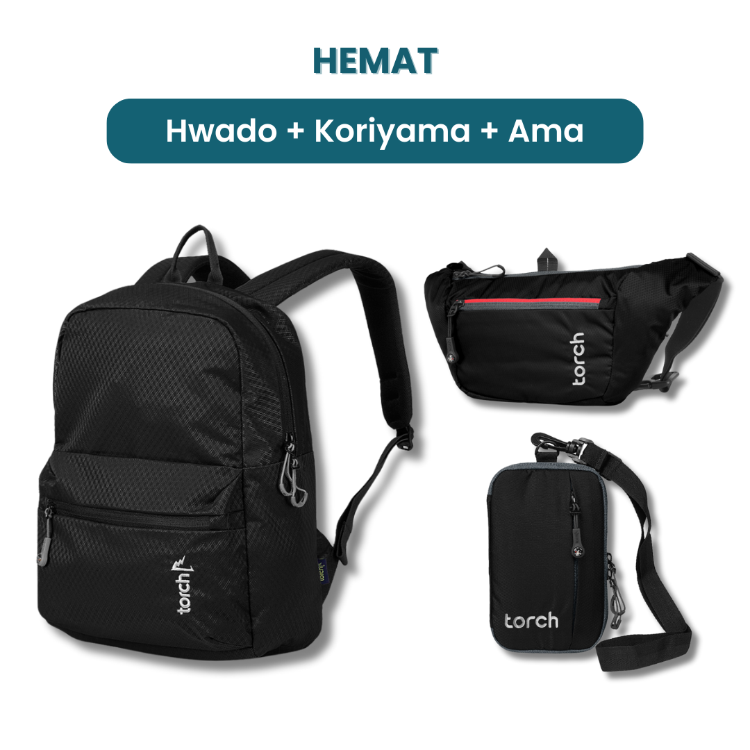 Dalam paket ini akan mendapatkan :  - Hwado Backpack  - Koriyama Waist Bag   - Neck Wallet Ama