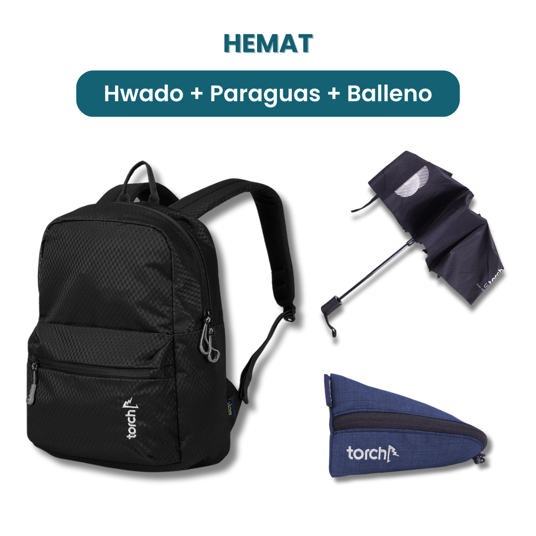 Dalam paket ini akan mendapatkan :  - Hwado Backpack  - Paraguas Foldable Umbrella  - Balleno Stationery Pouch