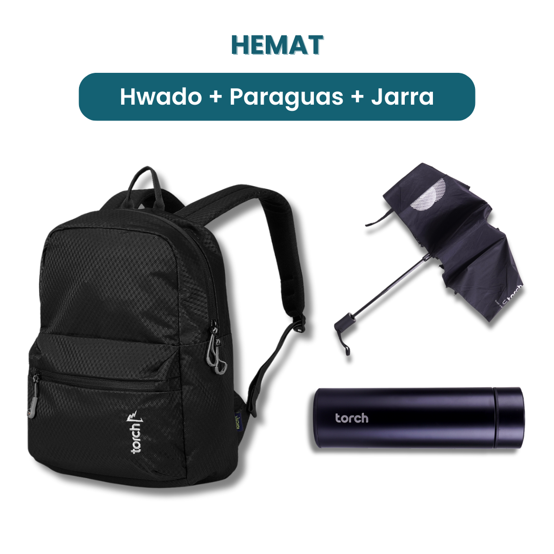 Dalam paket ini akan mendapatkan :  - Hwado Backpack  - Paraguas Foldable Umbrella   - Jarra Tumbler   