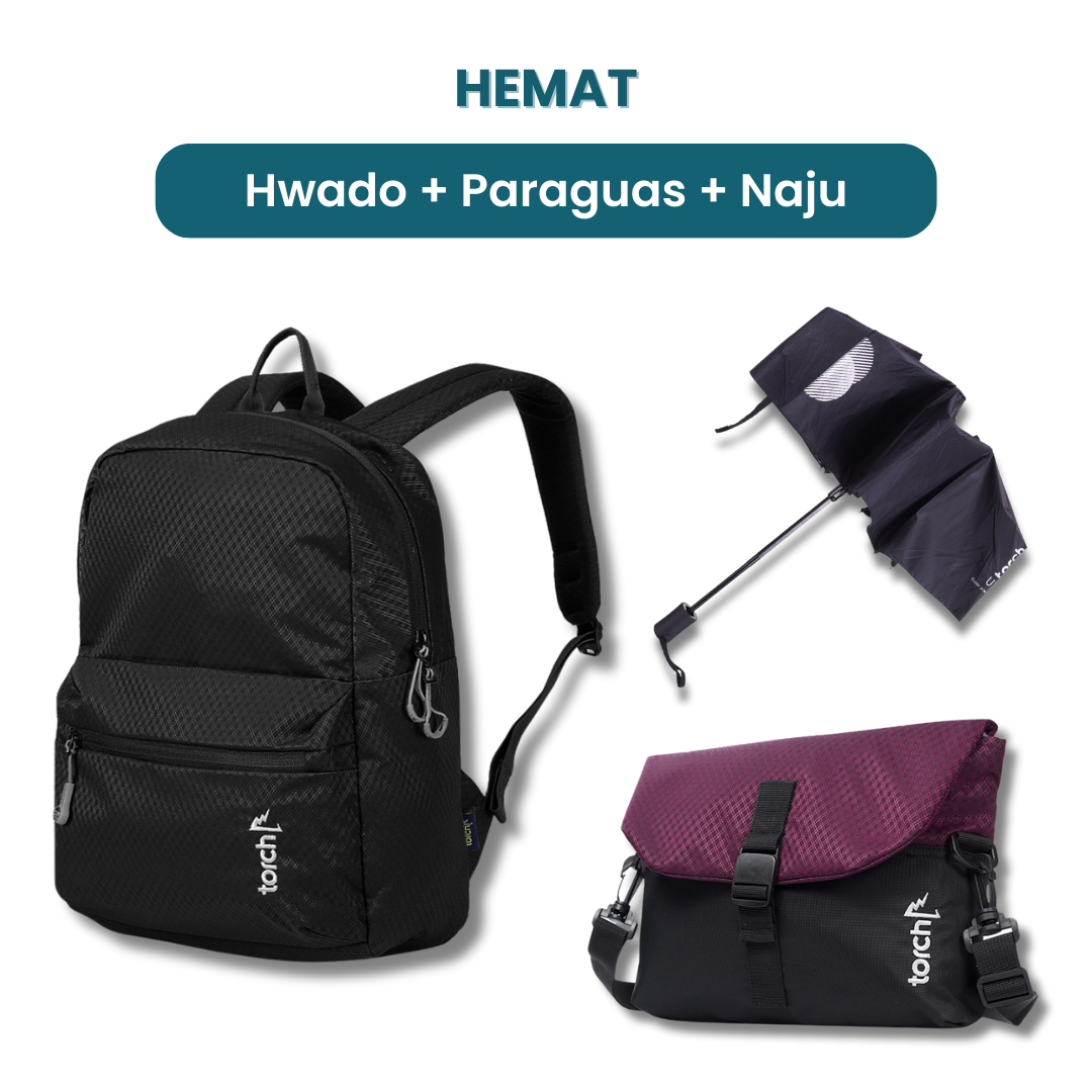 Dalam paket ini kamu akan mendapatkan:  - Hwado Backpack   - Paraguas Foldable Umbrella  - Naju Travel Pouch