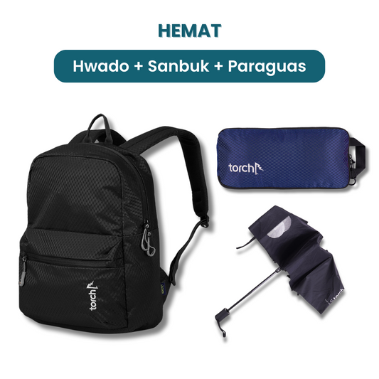 Dalam paket ini akan mendapatkan :  - Hwado Backpack  - Sanbuk Underwear Pack  - Paraguas Foldable Umbrella