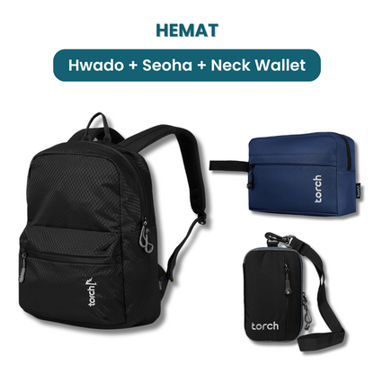 Dalam paket ini akan mendapatkan :  - Hwado Backpack  - Seoha Toiletries  - Neck Wallet Ama