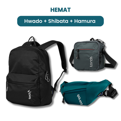 Dalam paket ini kamu akan mendapatkan:  - Hwado Backpack  - Shibata Travel Pouch  - Hamura Waist Bag