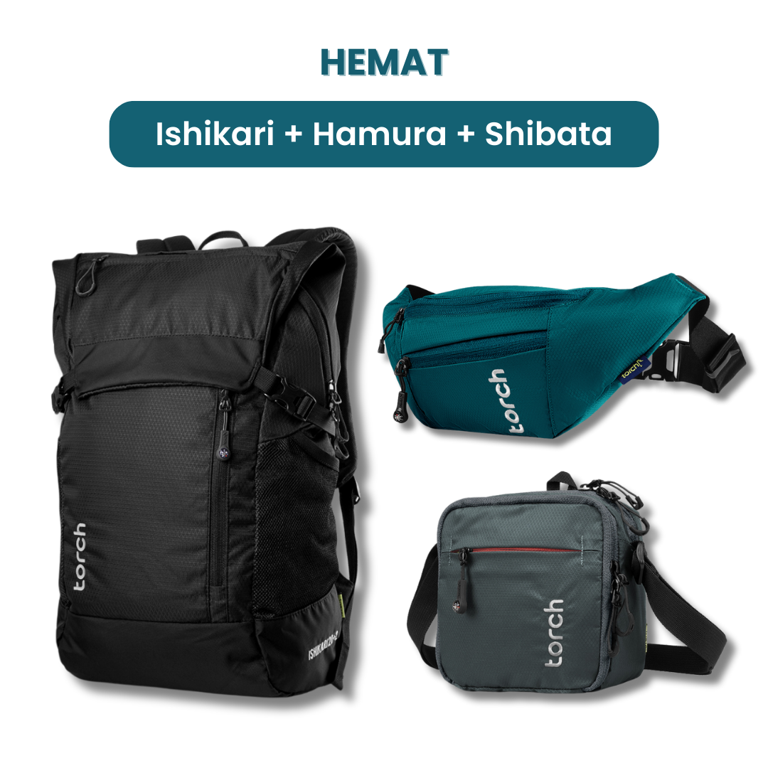 Dalam paket ini akan mendapatkan :  - Ishikari Backpack  - Hamura Waist Bag  - Shibata Travel Pouch