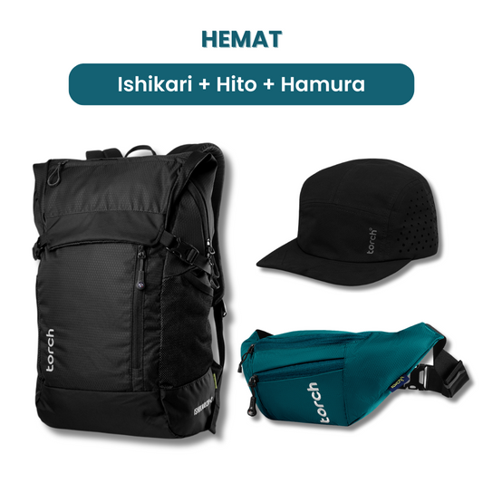 Dalam paket ini akan mendapatkan :  - Ishikari Backpack  - Hito Active Hat   - Hamura Waist Bag