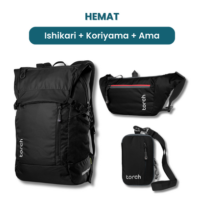Dalam paket ini akan mendapatkan :  - Ishikari Backpack  - Koriyama Waist bag  - Neck Wallet ama