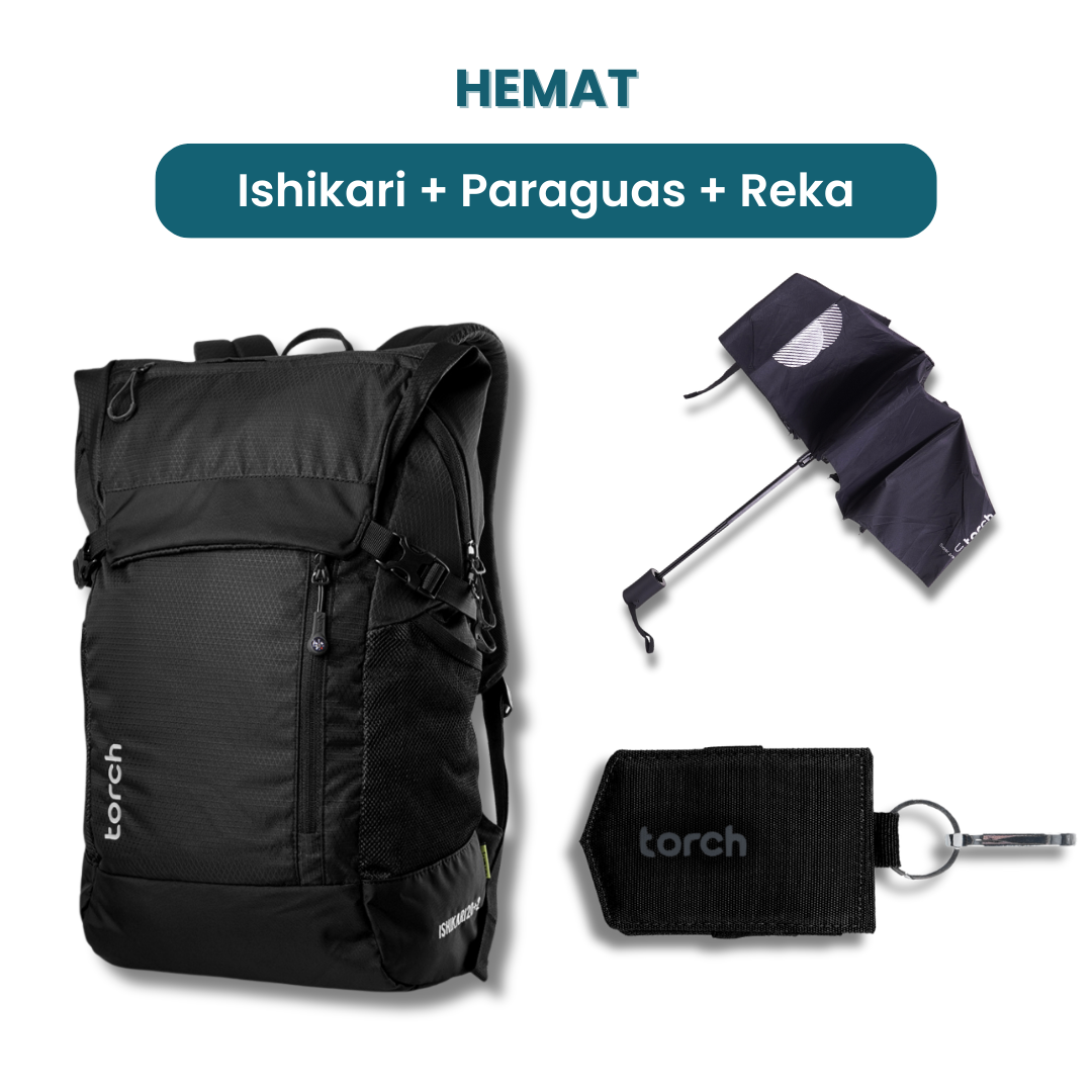 Dalam paket ini kamu akan mendapatkan:  - Ishikari Backpack  - Paraguas Foldable Umbrella   - Reka Magic Wallet