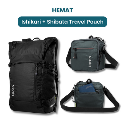 Dalam paket ini akan mendapatkan:  - Ishikari Backpack  - Shibata Travel Pouch