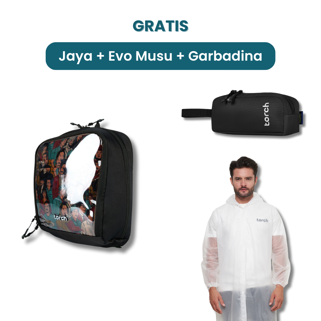 Dalam paket ini kamu akan mendapatkan:  - Jaya Travel Pouch  - Evo Musu Stationary  - Gabardina Raincoat