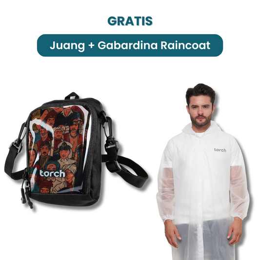 Dalam paket ini kamu akan mendapatkan:  -  Juang Travel Pouch  -  Gabardina Raincoat