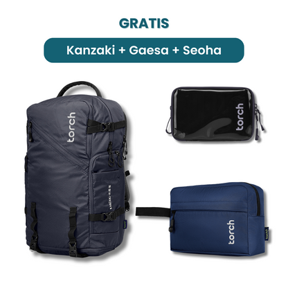 Dalam paket ini akan mendapatkan :  - Kanzaki Travel Backpack  - Gaesa Hanging Wallet  - Seoha Toileteries