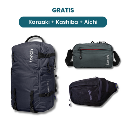 Dalam paket ini akan mendapatkan :  - Kanzaki Travel Backpack  - Kashiba Travel Pouch   - Aichi Waist Bag