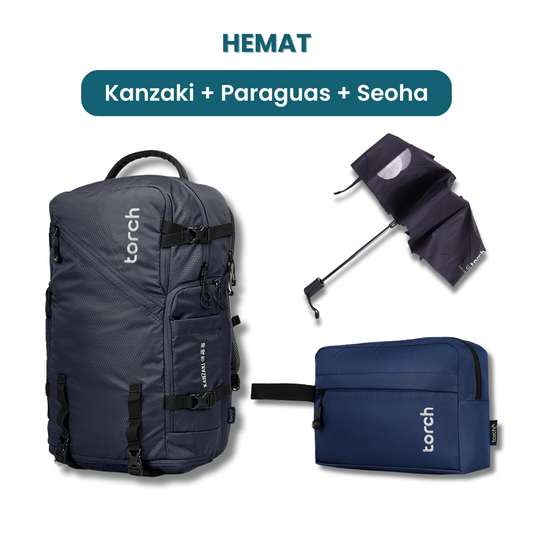 Dalam paket ini akan mendapatkan :  - Kanzaki Travel Backpack  - Paraguas Foldable Umbrella   - Seoha Toileteries