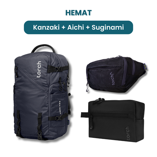 Dalam paket ini akan mendapatkan :  - Kanzaki Travel Backpack  - Aichi Waist Bag  - Suginami Toileteries