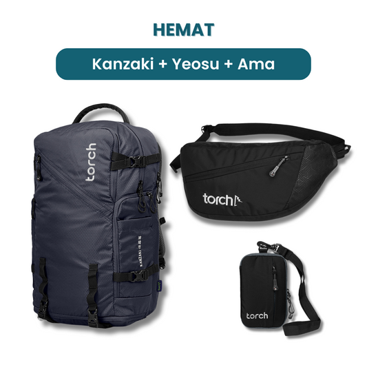 Dalam paket ini akan mendapatkan :  - Kanzaki Travel Backpack  - Yeosu Cross Body   - Neck Wallet Ama