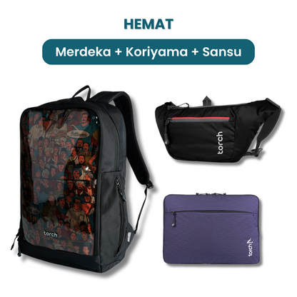 Dalam paket ini kamu akan mendapatkan:  - Merdeka Backpack  - Koriyama Waist Bag  - Sansu Laptop Sleeve