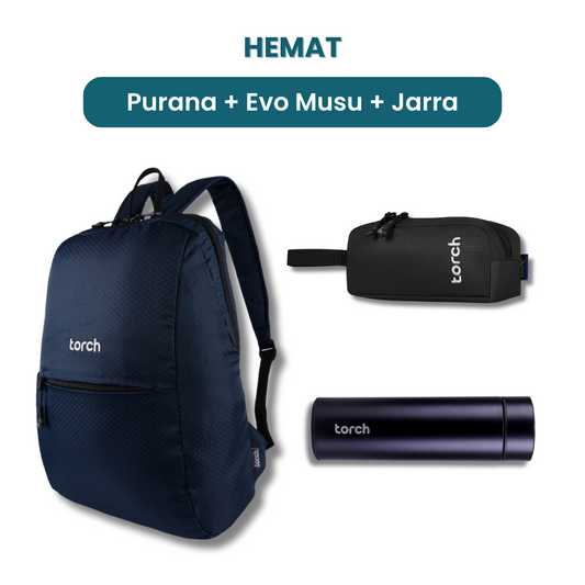 Dalam paket ini tedapat:  - Purana Backpack   - Evo Musu Stationary  - Jarra Tumbler     