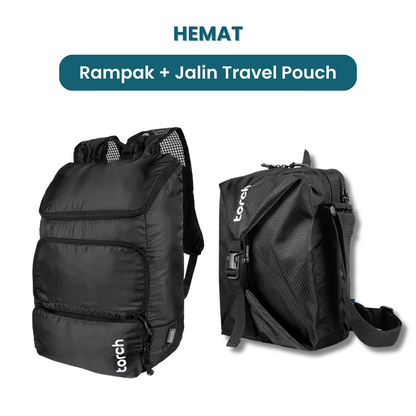 Dalam paket ini kamu akan mendapatkan;  - Rampak Foldable Backpack  - Jalin Travel Pouch
