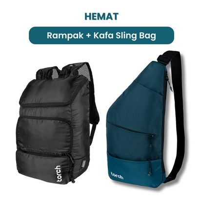 Dalam paket ini kamu akan mendapatkan;  - Rampak Foldable Backpack - Kafa Sling Bag
