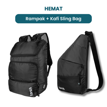 Dalam paket ini kamu akan mendapatkan;  - Rampak Foldable Backpack  - Kafi Sling Bag