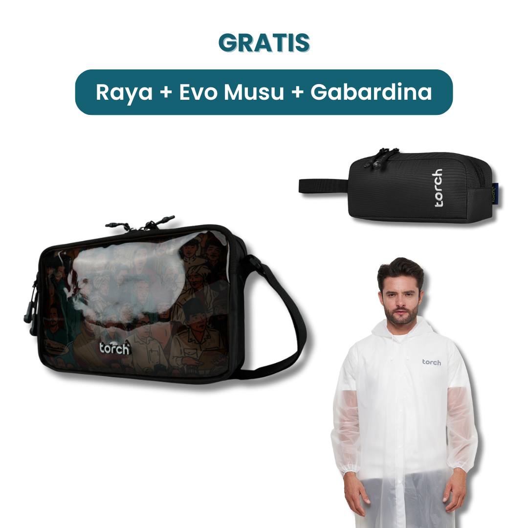 Dalam paket ini kamu akan mendapatkan:  - Raya Travel Pouch  - Evo Musu Stationary  - Gabardina Raincoat