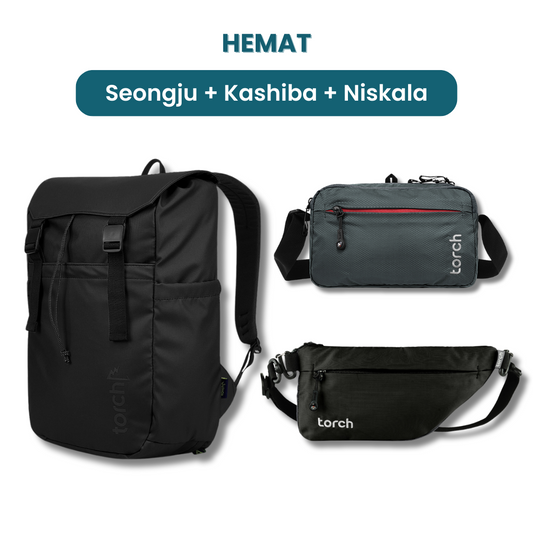 Dalam paket ini tedapat:  - Seongju Daypack 19L   - Kashiba Travel Pouch  - Niskala Waist Bag     