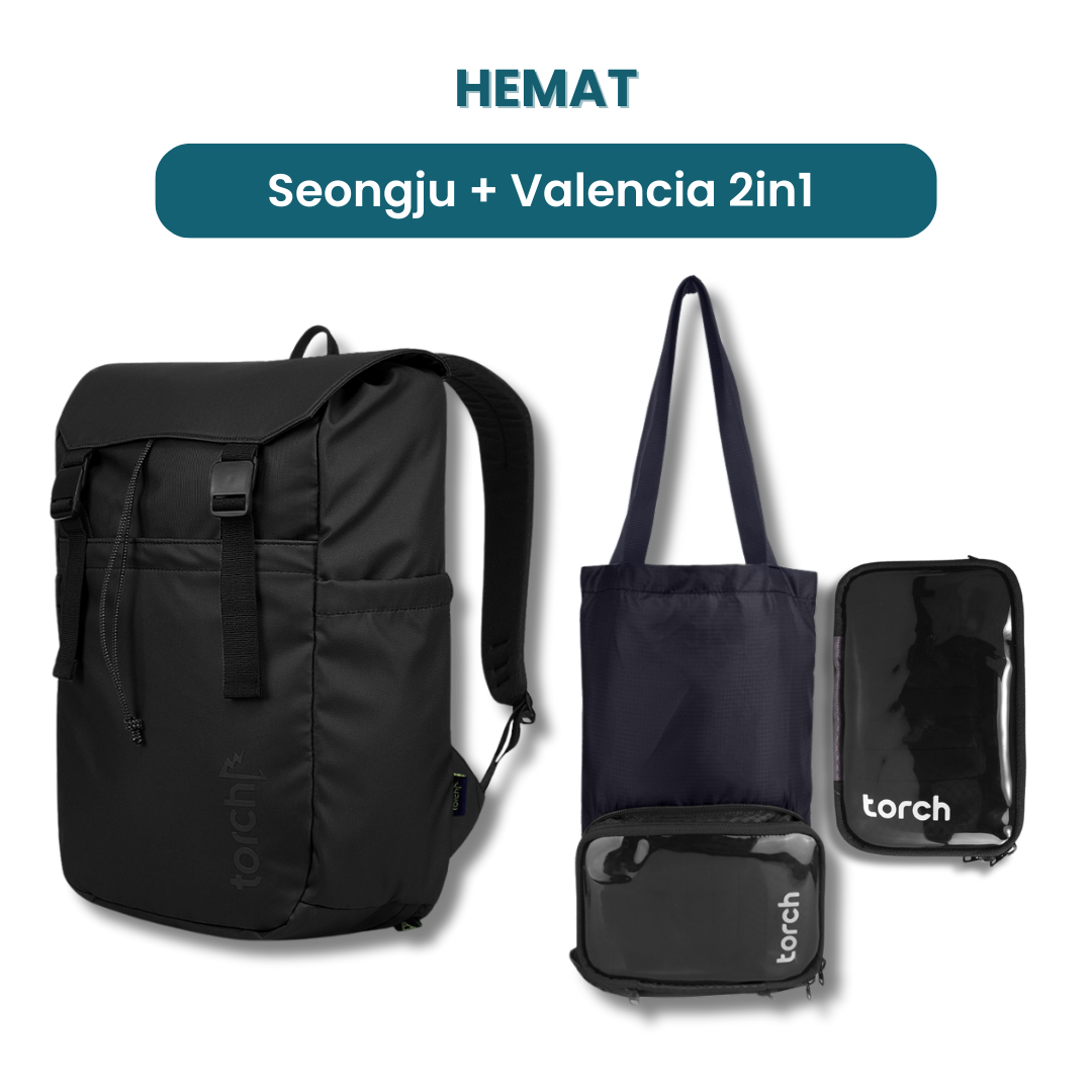 Dalam paket ini tedapat:  - Seongju Daypack 19L   - Valencia 2 in 1 (Waist Bag & Tote Bag)