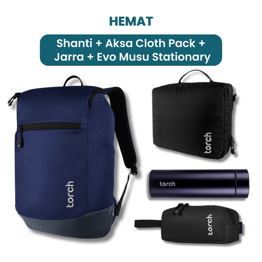 Dalam paket ini kamu akan mendapatkan:  - Shanti Backpack  - Aksa Cloth Pack  - Jarra Tumber  - Evo Musu Stationary