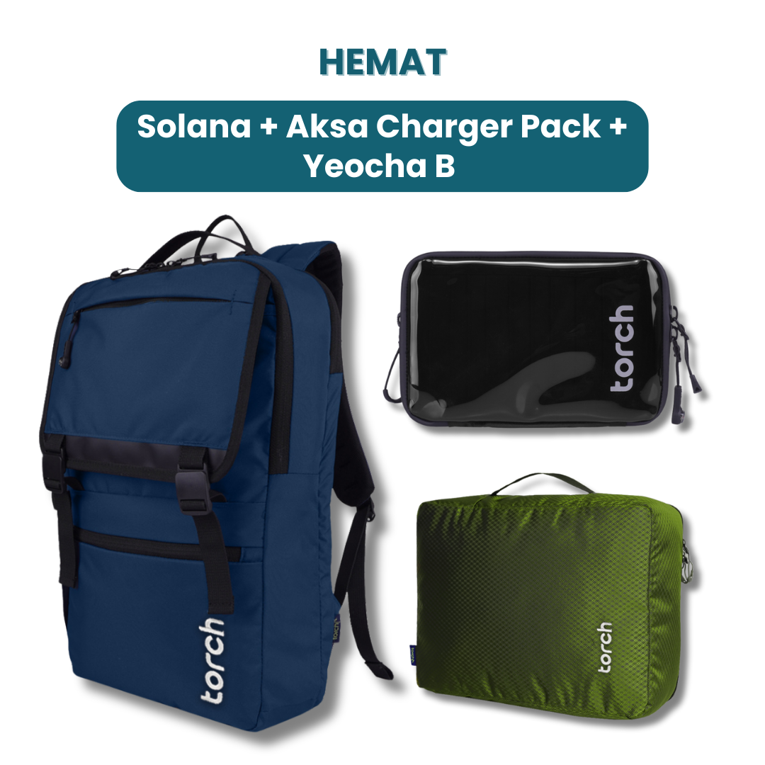 Dalam paket ini kamu akan mendapatkan:  - Solana Backpack  - Aksa Charger Pack  - Yeocha B Mesh Cloth Pack