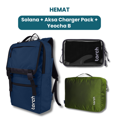 Dalam paket ini kamu akan mendapatkan:  - Solana Backpack  - Aksa Charger Pack  - Yeocha B Mesh Cloth Pack
