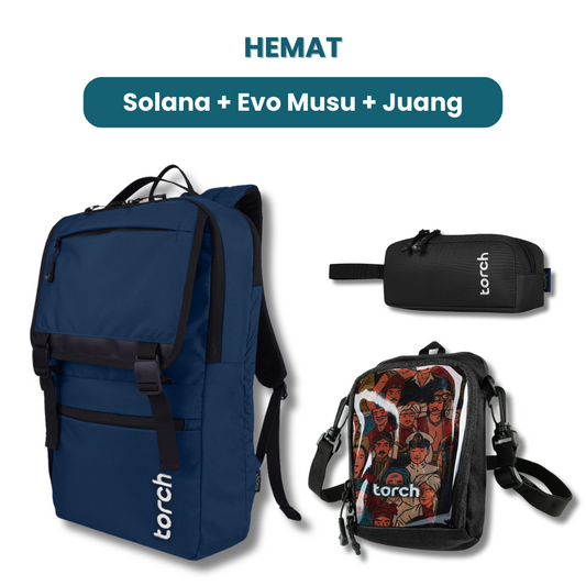 Dalam paket ini kamu akan mendapatkan:  - Solana Backpack  - Evo Musu Stationary  - Juang Travel Pouch
