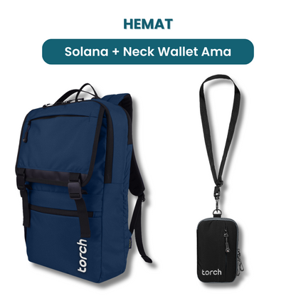 Dalam paket ini kamu akan mendapatkan:  - Solana Backpack   - Neck Wallet Ama